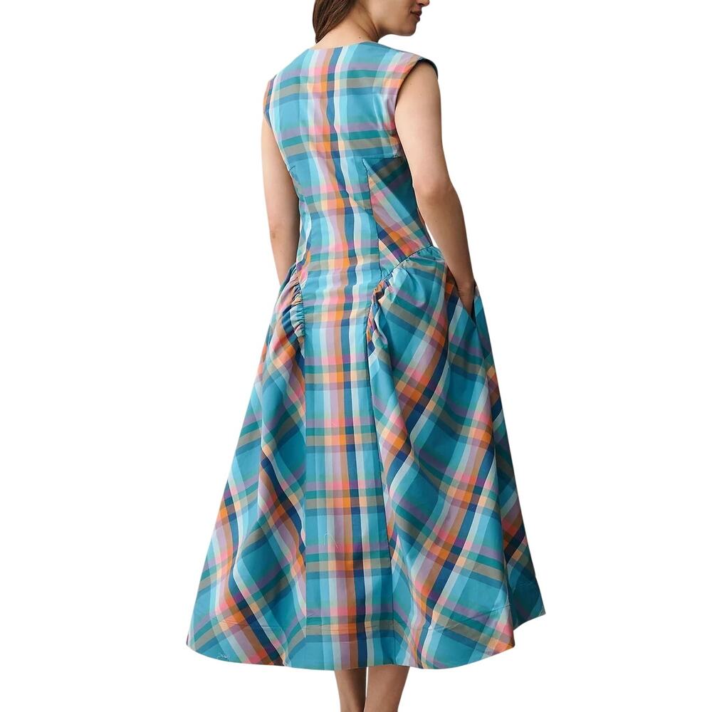 Anthropologie Maeve NEW Sleeveless V-Neck Basque Waist Blue Plaid Midi Dress - Picture 3 of 15